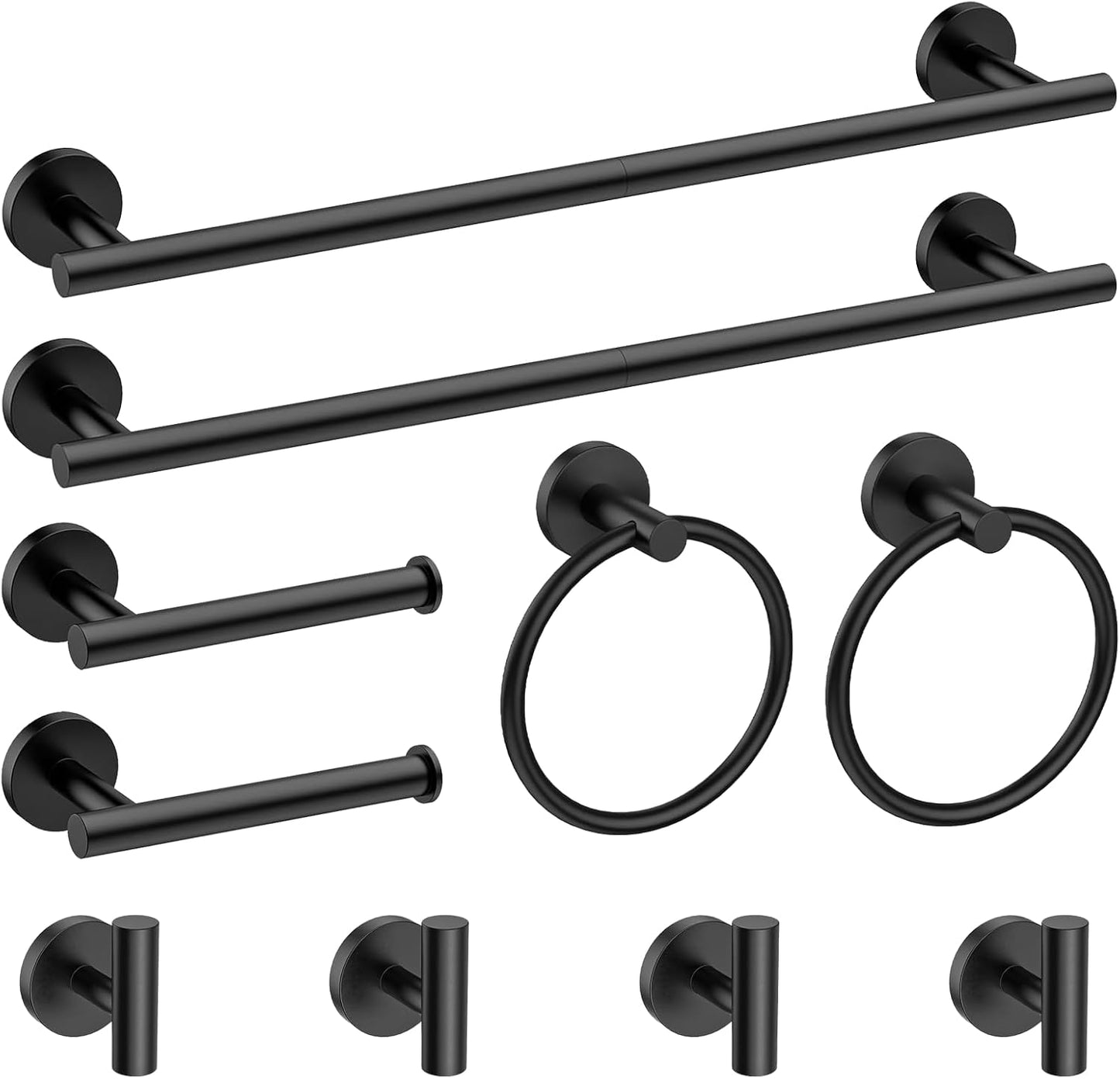 10-Pieces Bathroom Hardware Set. Includes 24 Inch Towel Racks for Bathroom Wall Mounted. Toilet Paper Holder. Towel Hooks for Bathrooms. Towel Rings for Bathroom Wall (Matte Black)