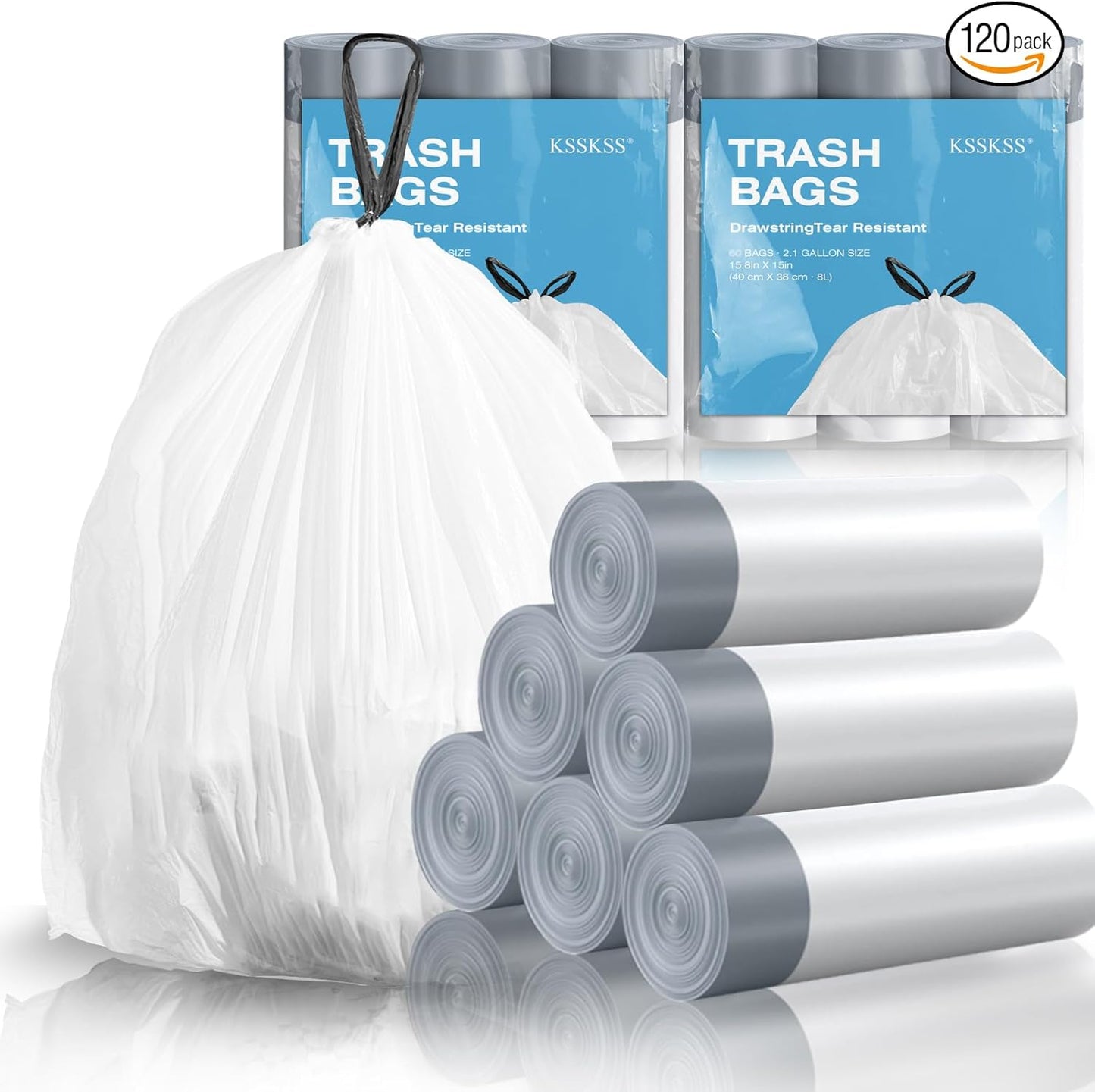120 Counts 1.6 Gallon Mini Drawstring Trash Bags. Small Garbage Bags by KSSKSS. Code a fit 4.5-8 Liter. 1.2-2 Gal. White Trash Bin Liners for Home Office Kitchen Bathroom Bedroom