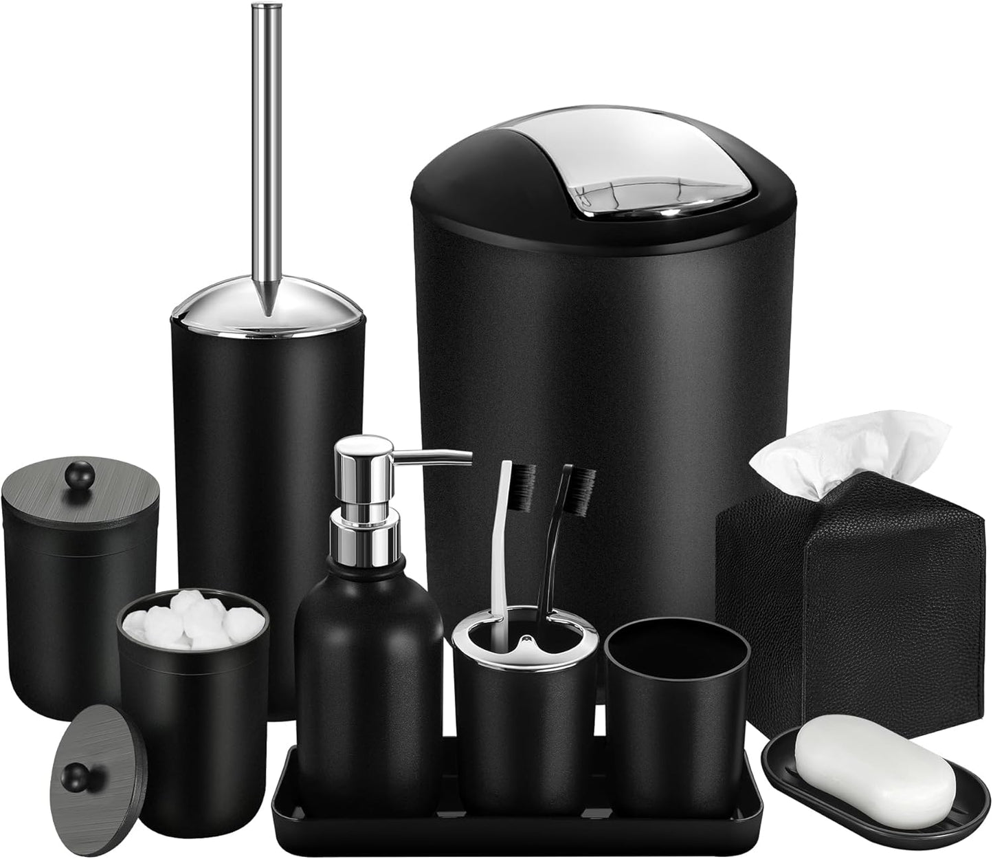 Black Bathroom Accessories Set. 10Pcs Bathroom Accessory Set with Trash Can. Soap Dispenser and Toothbrush Holder. Soap Dish. Cotton Ball & Qtip Holder. Toilet Brush Holder. Tissue Box Cover