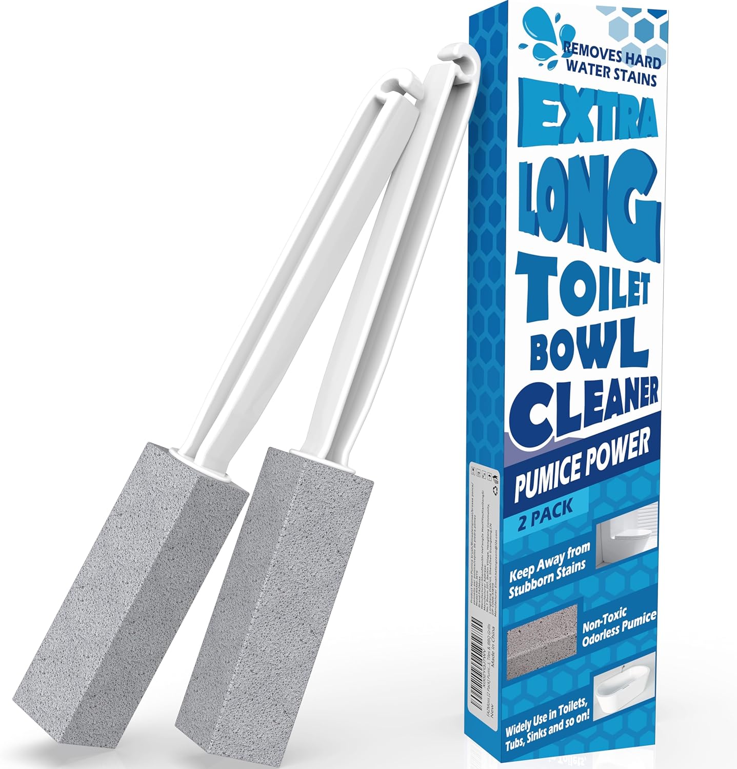 2 Pack Pumice Stone for Toilet Cleaning. Extra Long Handle for Removing Bowl Ring. Pool. Bathroom. Toilet Brush