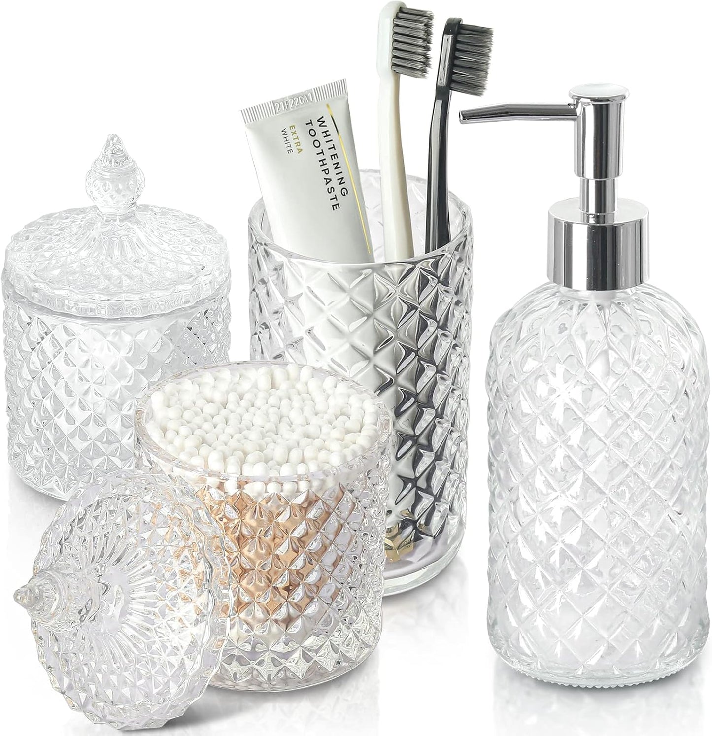 Bathroom Accessories Set. 4 Pack Clear Glass Bath Accessory Sets Complete. Diamond Soap Dispenser and Toothbrush Holder Set for Bathroom Counter Organizer Essentials. Modern Bathroom Decor