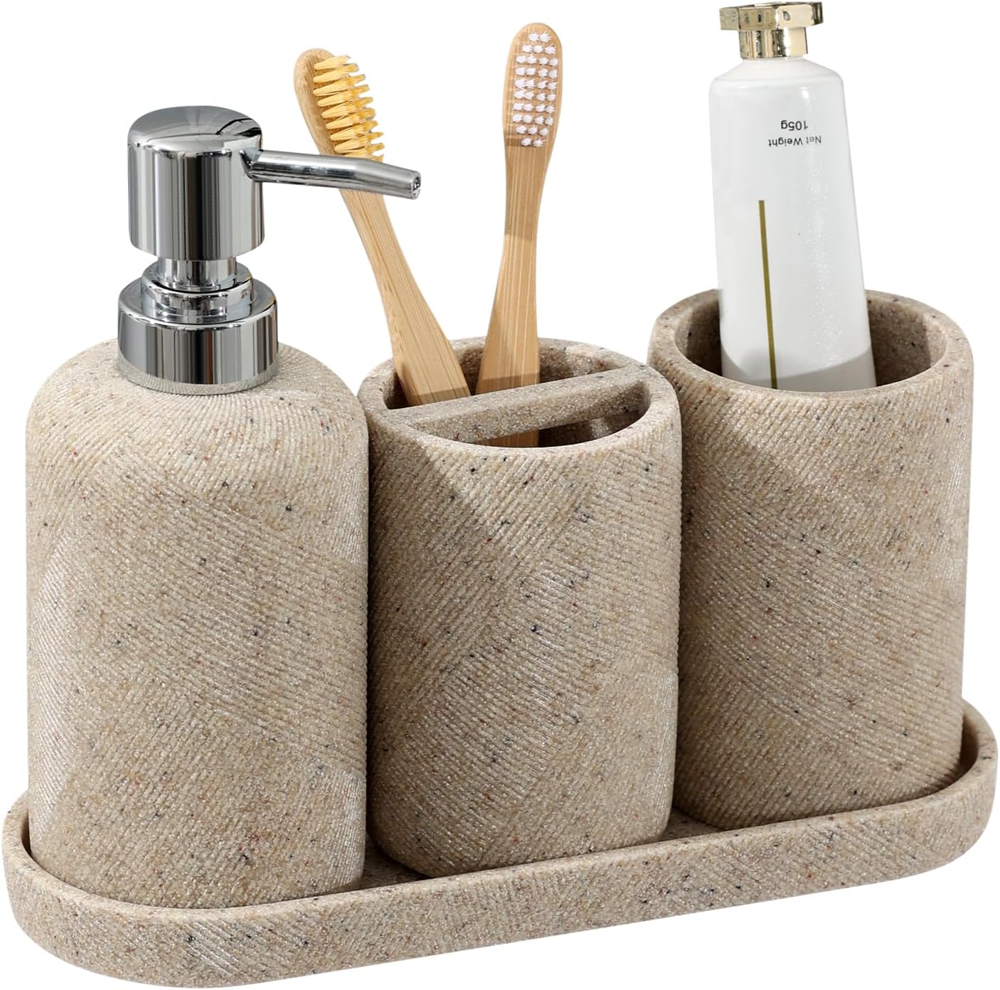 Bathroom Accessories Set. Bathroom Organizer Countertop. Soap Dispenser and Toothbrush Holder. Mouthwash Cup. Tray Set. Vanity Tray for Bathroom. 4 Pieces Modern Decor (Beige)