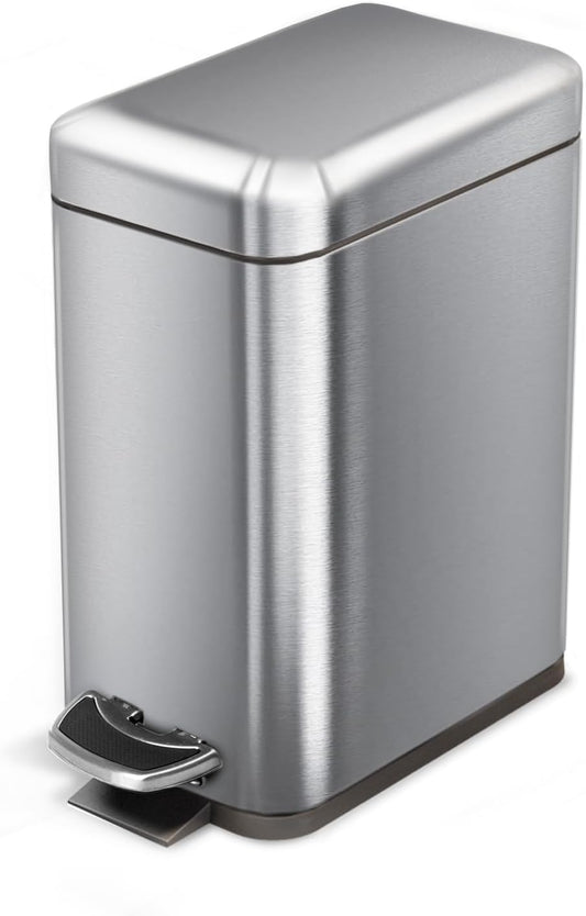 Home Zone Living 1.3 Gallon Small Bathroom Trash Can with Lid and Step Pedal. Stainless Steel Wastebasket with Slim Design for Home and Office. Silver. 5 Liters