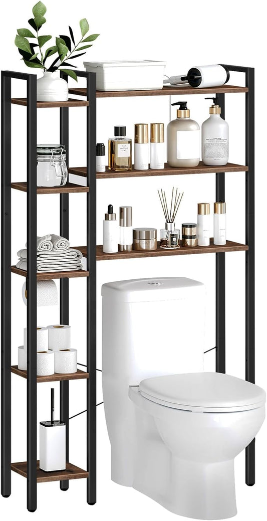 HOOBRO Over-The-Toilet Storage. 8-Tier Bathroom Organizer Over Toilet with Toilet Paper Holder. Freestanding Space Saver. Side Storage Open Shelf. Laundry. Rustic Brown and Black BF86TS01