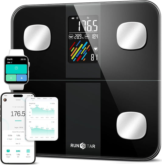Runstar Smart Scale for Body Weight and Fat Percentage. High Accuracy Digital Bathroom Scale with Large Display for BMI Heart Rate 15 Body Composition Analyzer Sync with Fitness App 400lb