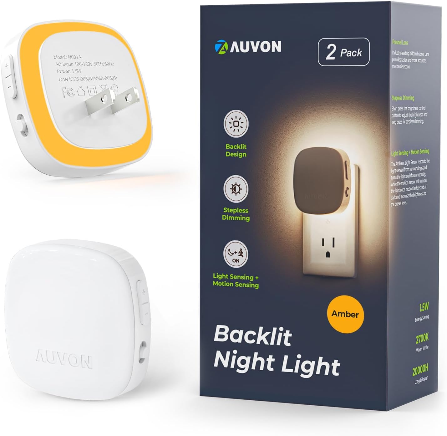 AUVON Plug-in LED Backlit Night Light with Motion Sensor & Dusk to Dawn Sensor. Dimmable Warm White Nightlight with 1-50 lm Adjustable Brightness for Bathroom. Bedroom. Hallway. Stairs (2 Pack)