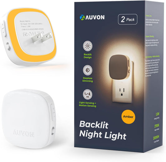 AUVON Plug-in LED Backlit Night Light with Motion Sensor & Dusk to Dawn Sensor. Dimmable Warm White Nightlight with 1-50 lm Adjustable Brightness for Bathroom. Bedroom. Hallway. Stairs (2 Pack)