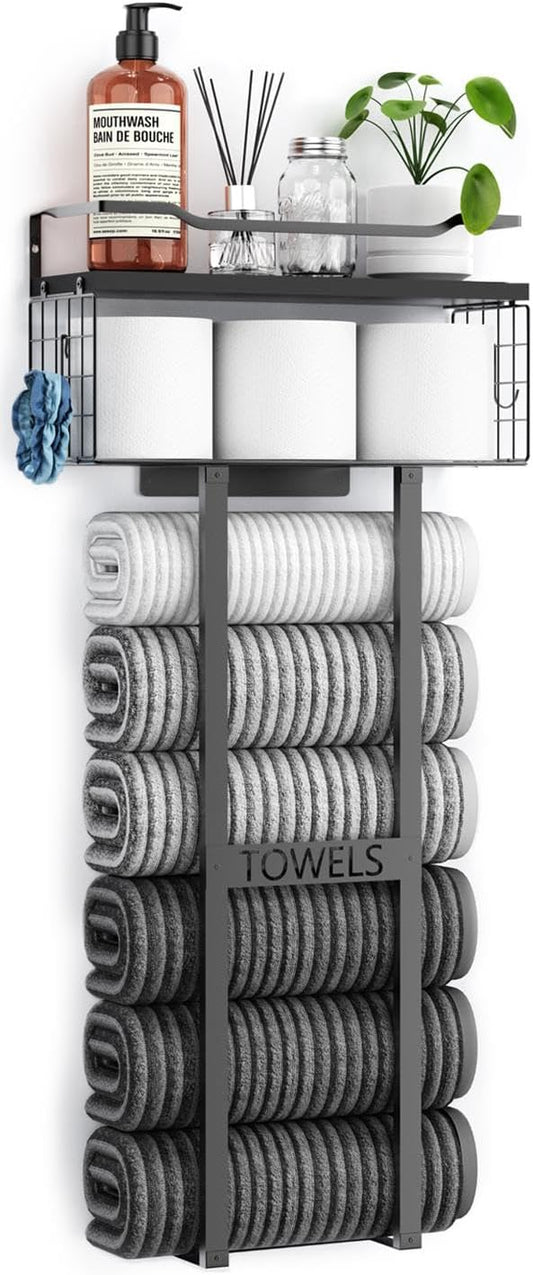 Towel Racks for Bathroom 31inch Wall Mounted Towel Rack.Floating Shelf with Wood Plank.Towel Storage for Bathroom can Holds 6 Large Rolled Towels.All Black