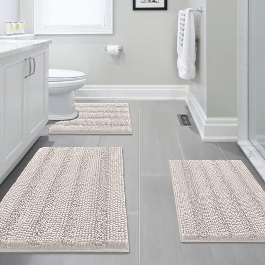 H.VERSAILTEX 3 Piece Thick Striped Bath Rugs Set for Bathroom Non Slip Soft Absorbent Bath Mat for Tub. Shower and Toilet(17''x24''+20''x32''+20''x24'' U-Shaped. Ivory)
