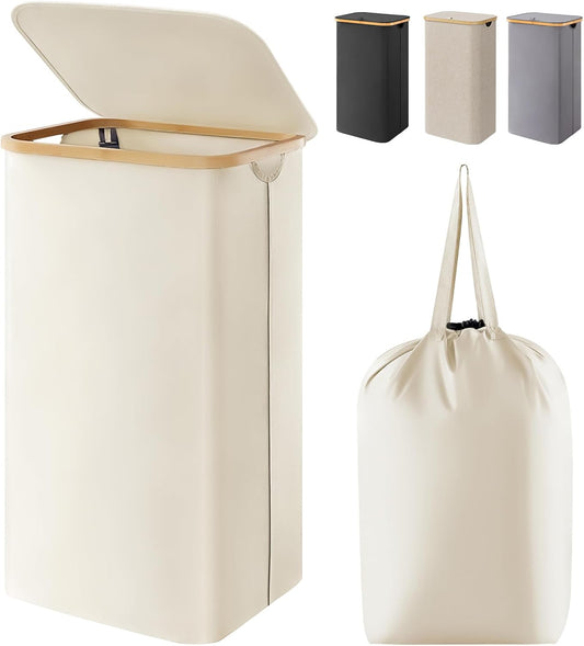 Lifewit 100L Laundry Basket with Lid. Clothes Hampers for Laundry with Bamboo Handles and A Removable Bag. Large Foldable Laundry Hamper for Bedroom. Bathroom. Dorm. Laundry Room. White