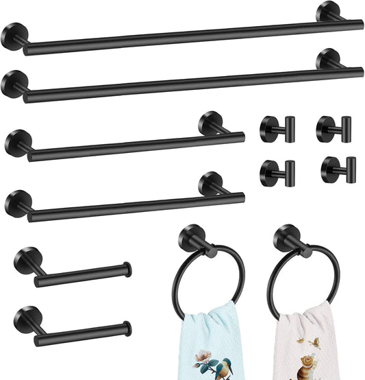 12 PCS Matte Black Round Towel Bar Set. Bathroom Towel Bar Set Include 24 inch.16 inch Towel Bar. Toilet Paper Holder. Towel Ring. Towel Hooks. Stainless Steel Bathroom Accessories Set