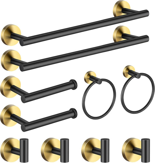 Bathroom Hardware Set Black and Gold .Towel Bar Set Including 2pcs 16inch Towel Bars. 2pcs Toilet Paper Holders. 2pcs Towel Rings and 4pcs Robe Towel Hooks