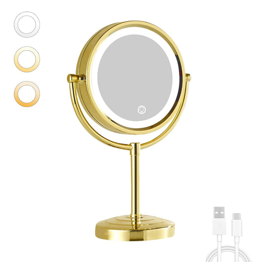 GURUN 8.5 Inch Rechargeable LED Lighted Tabletop Makeup Mirror with 10x Magnification Dimmable 3 Colors Touch Control 4500mAh Double Sided Gold Finish 2208D-T(10x. Gold)