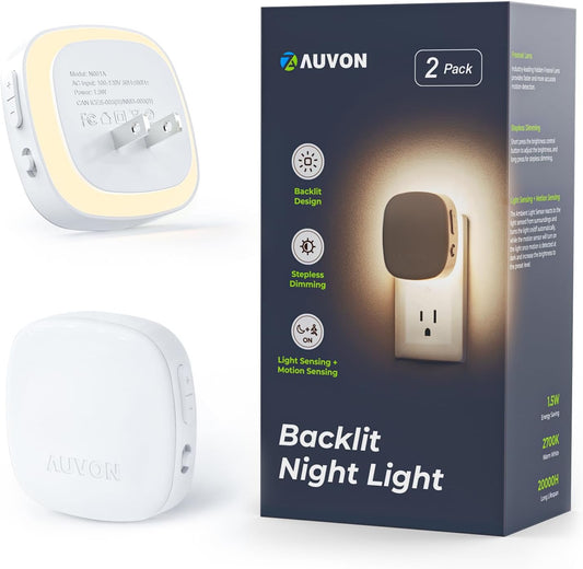 AUVON Plug-in LED Backlit Night Light with Motion Sensor & Dusk to Dawn Sensor. Dimmable Warm White Nightlight with 1-50 lm Adjustable Brightness for Bathroom. Bedroom. Hallway. Stairs (2 Pack)