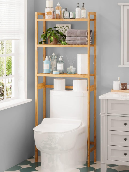 AMBIRD Over The Toilet Storage. 3-Tier Bathroom Organizer Over Toilet with Sturdy Bamboo Shelves.Multifunctional Toilet Shelf.Easy to Assemble and Saver Space. 25 * 10 * 64 Inches (Original Color)