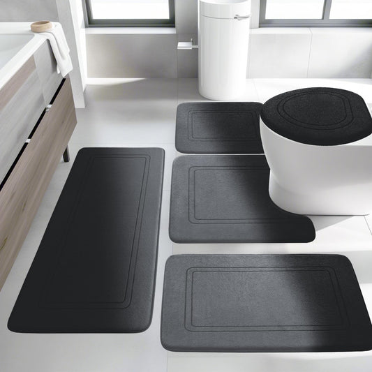 YIHOUSE Black Memory Foam Bath Mat Set. 5-Piece Non-Slip Absorbent Bath Rugs for Bathroom Floor. Quick-Dry Washable