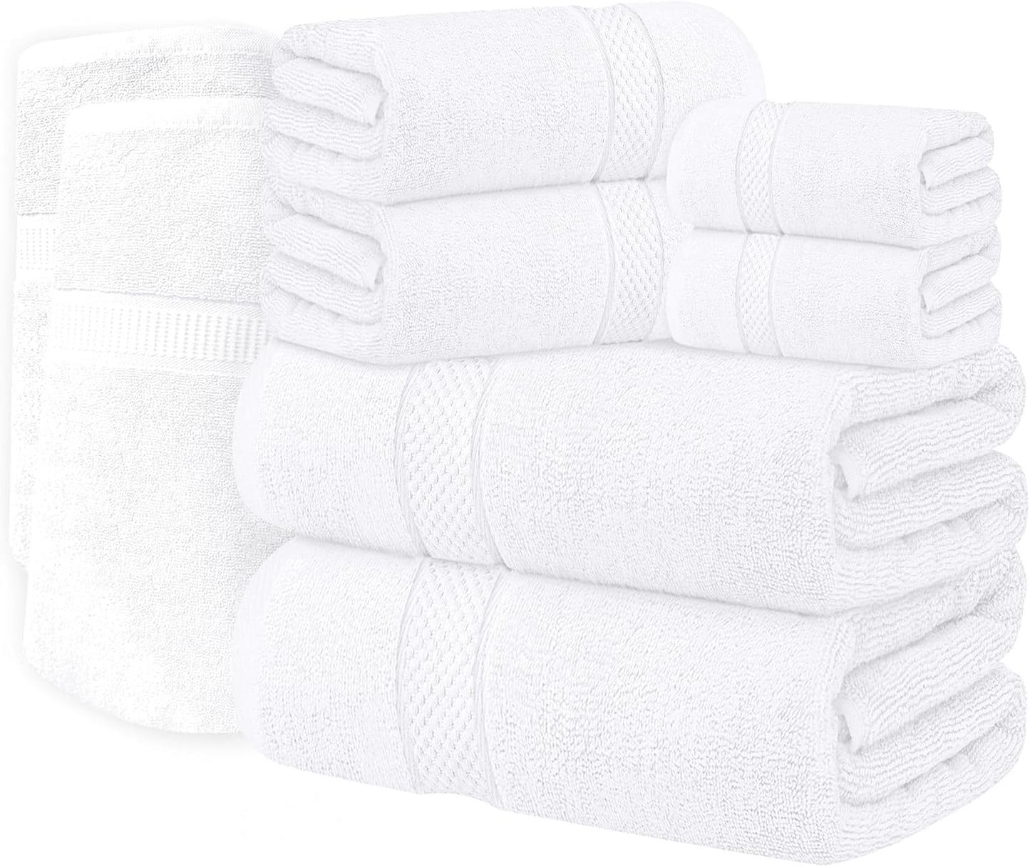 Oakias Premium Towel Set 600 GSM 8 Piece White - 100% Ring Spun Cotton Highly Absorbent Towels Set - Super Soft Bathroom Towel Set - Hotel Quality Double Stitched Hem - Ideal for Hotels. Spa. Gyms