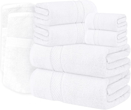 Oakias Premium Towel Set 600 GSM 8 Piece White - 100% Ring Spun Cotton Highly Absorbent Towels Set - Super Soft Bathroom Towel Set - Hotel Quality Double Stitched Hem - Ideal for Hotels. Spa. Gyms