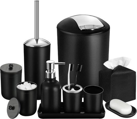 Black Bathroom Accessories Set. 10Pcs Bathroom Accessory Set with Trash Can. Soap Dispenser and Toothbrush Holder. Soap Dish. Cotton Ball & Qtip Holder. Toilet Brush Holder. Tissue Box Cover