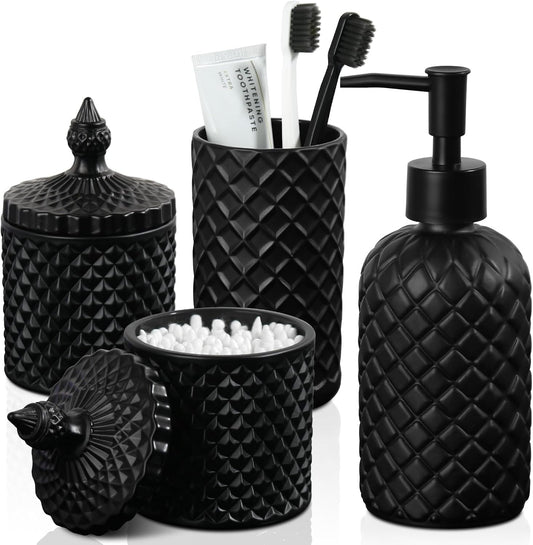 Bathroom Accessories Set. 4 Pack Clear Glass Bath Accessory Sets Complete. Diamond Soap Dispenser and Toothbrush Holder Set for Bathroom Counter Organizer Essentials. Modern Bathroom Decor