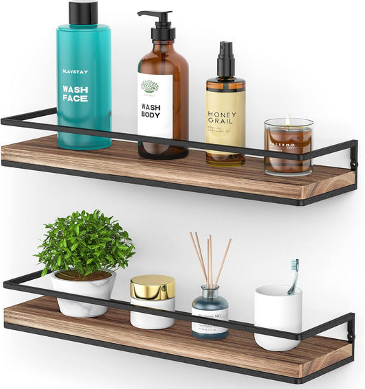 Meangood Floating Shelves Wall Mounted Set of 2. Rustic Wood Wall Storage Shelves for Bedroom.Living Room.Bathroom. Kitchen Torched Wood