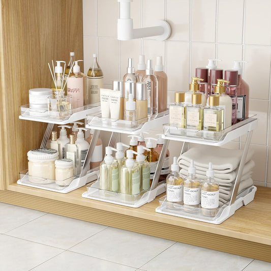 3 Pack Bathroom Organizers and Storage - Multi-Purpose.2-Tier Clear Pull Out Organization for Bathroom.Under Sink.Kitchen.Vanity.Countertop.Cabinet.Pantry & Medicine Cabinet.White