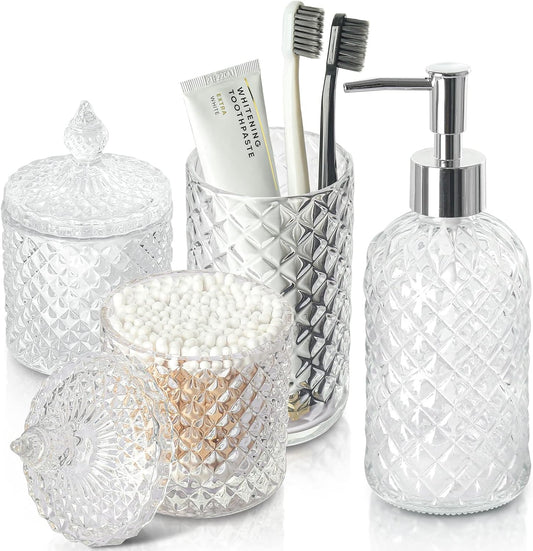 Bathroom Accessories Set. 4 Pack Clear Glass Bath Accessory Sets Complete. Diamond Soap Dispenser and Toothbrush Holder Set for Bathroom Counter Organizer Essentials. Modern Bathroom Decor